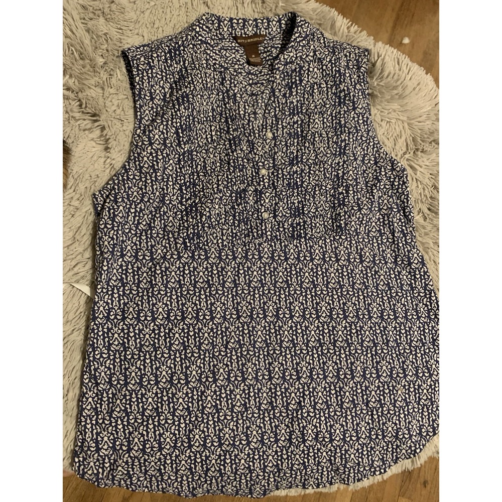 Bit & Bridle Blue Sleeveless Top Western Patterned Pleated‎ Bodice Sz M Cowgirls